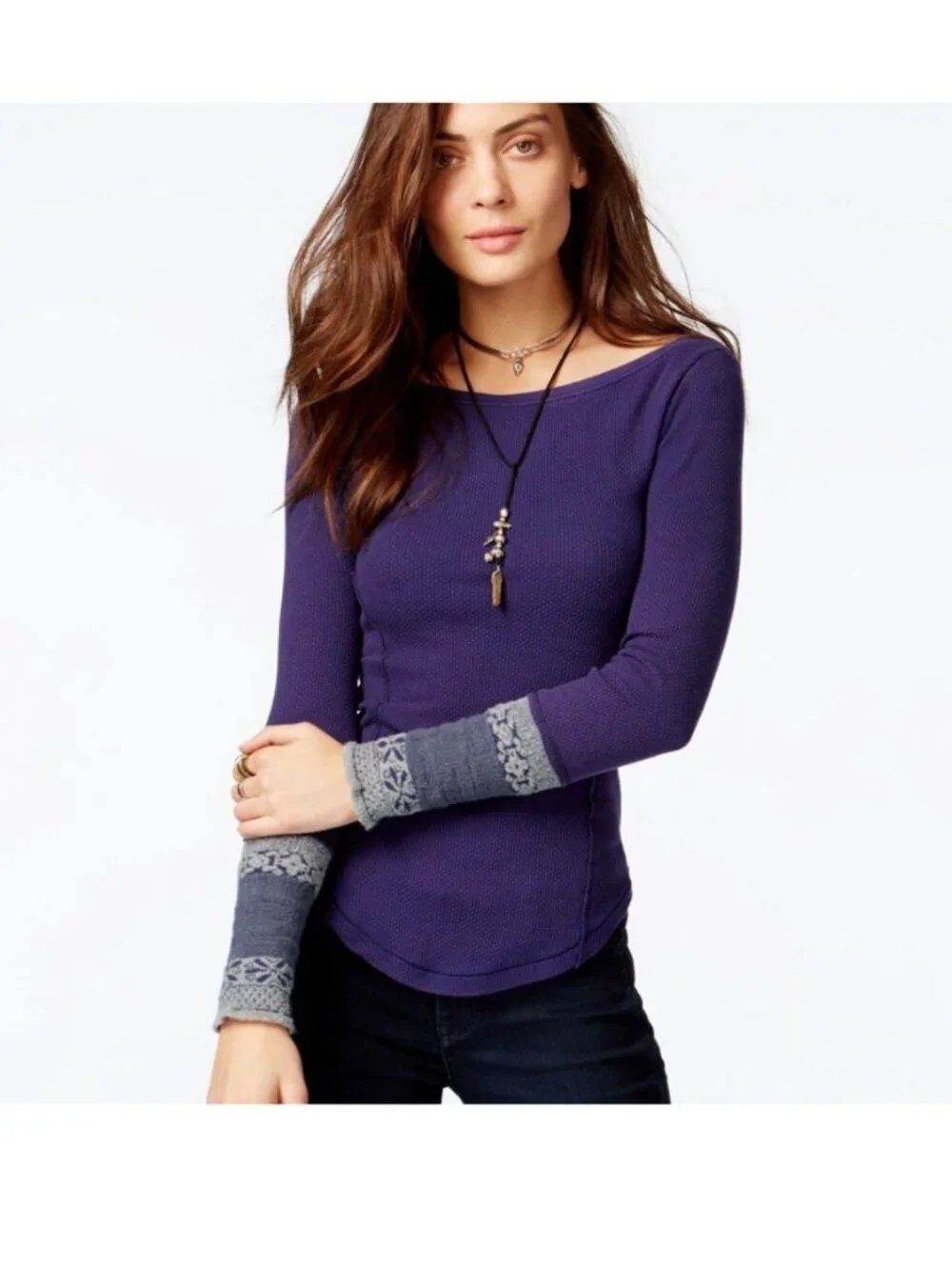 Free People Rosey Cuff Thermal Top S Purple Boho ASO ALT Elena Gilbert Ski Y2K
